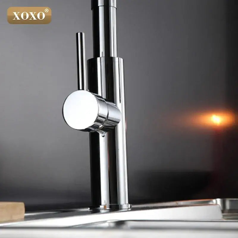Modern chrome xoxo brand kitchen sink faucet with decorbites dual sprayer nozzle and sleek single cylindrical handle