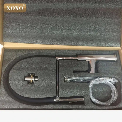 Modern chrome and black xoxo kitchen sink faucet with decorbites dual sprayer nozzle and flexible hose
