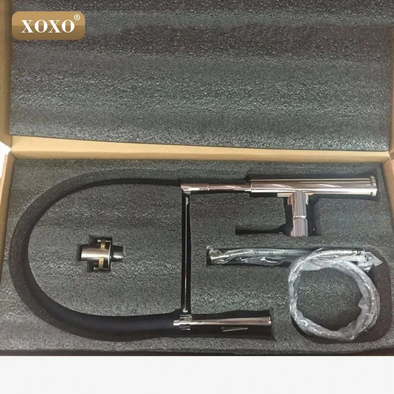 Modern chrome and black xoxo kitchen sink faucet with decorbites dual sprayer nozzle and flexible hose