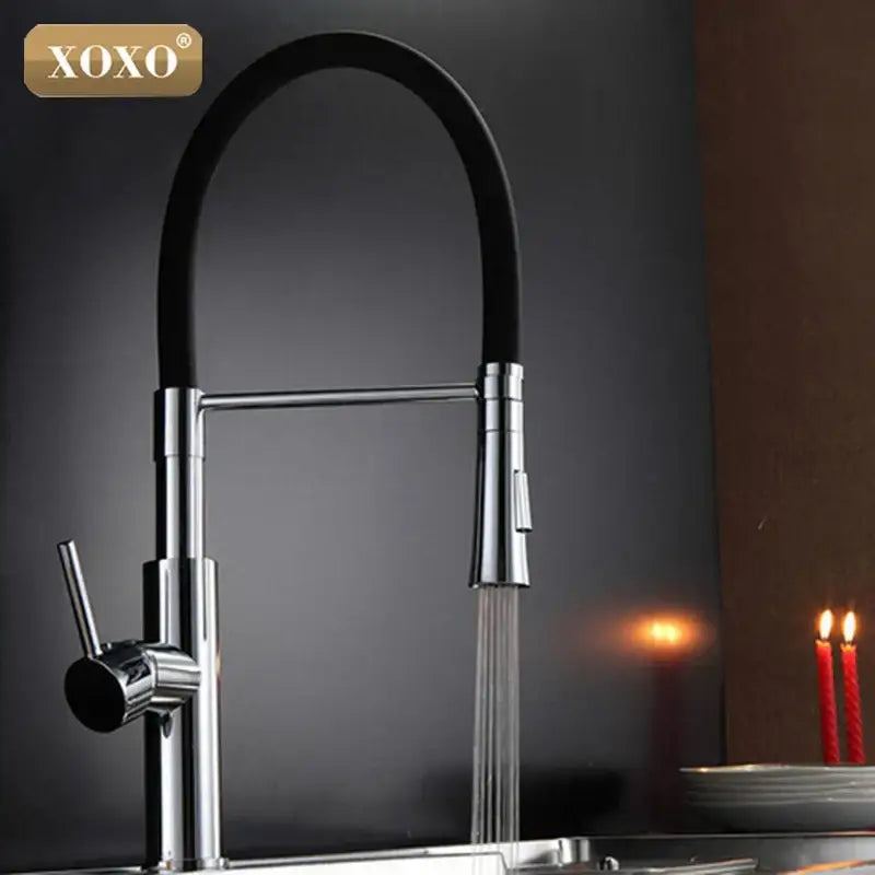 Xoxo modern chrome and black dual sprayer nozzle kitchen sink faucet with sleek arched spout and flexible hose