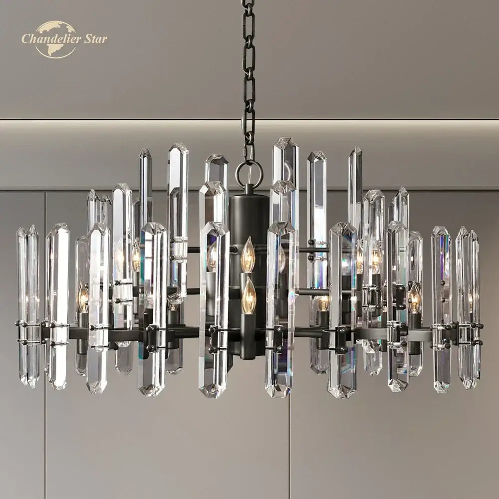 Modern chrome black metal crystal chandelier with black frame and clear glass rods for bedroom pendant light decorbites brass chrome