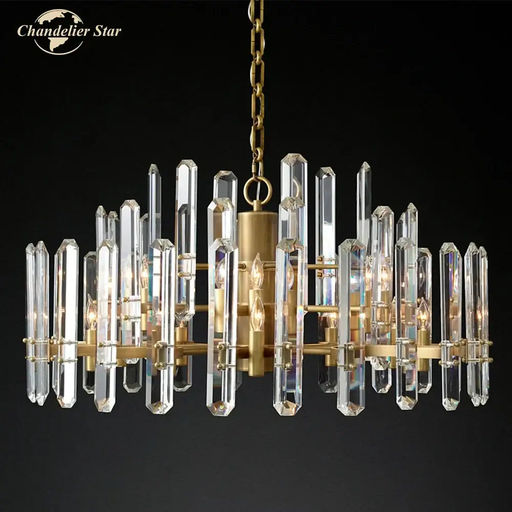 Brass-finished chandelier with clear crystal prisms and candle-style bulbs in modern chrome black metal decorbites brass chrome design