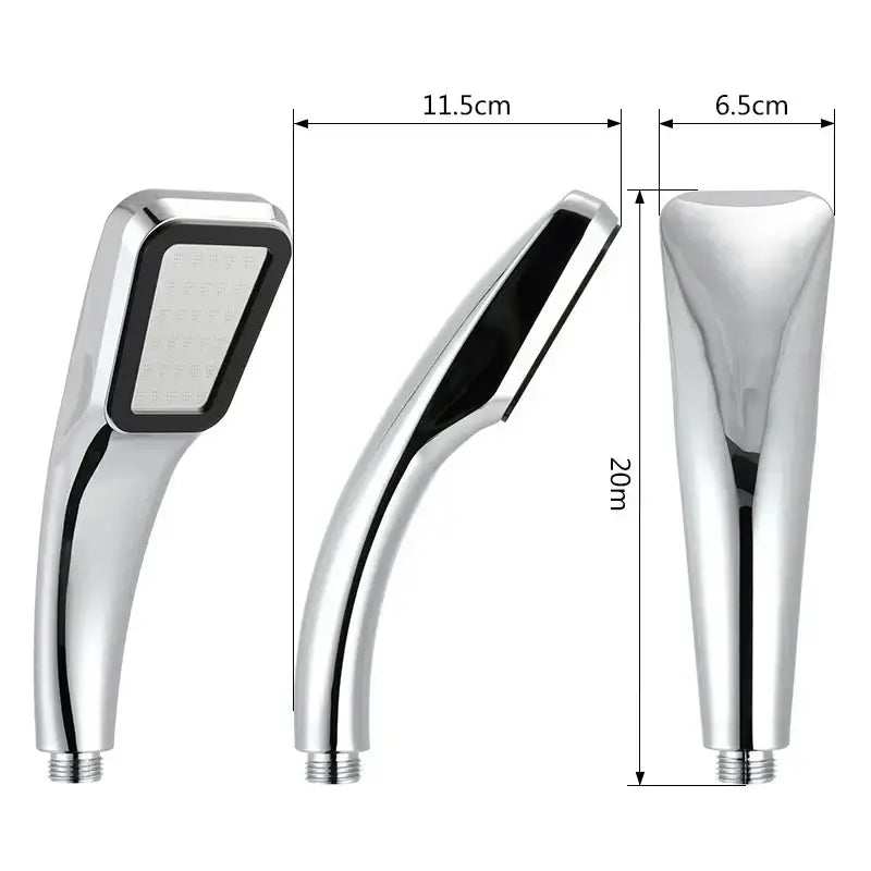 Chromefinished handheld rainfall shower head with rectangular spray face and sleek curved handle for bathroom use