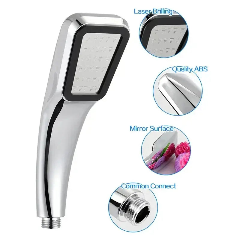 Chrome finished rainfall shower head with rectangular face black trim and ergonomic handle for handheld use