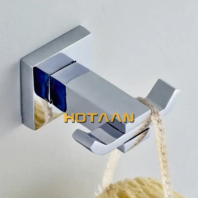 Modern chrome and blue stainless steel double hook bathroom accessories set with geometric design and wall mount