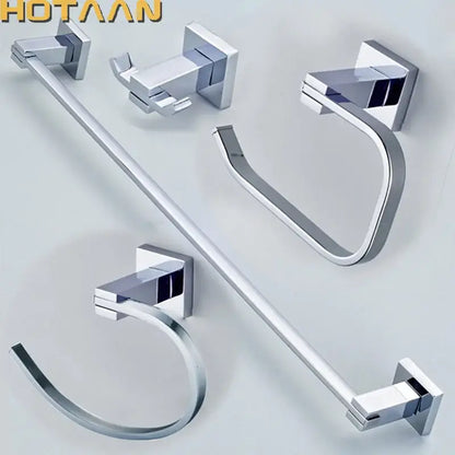 Modern chrome and blue stainless steel bathroom accessories set with sleek angular towel rack and square wall mounts
