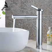 Modern chrome brass bathroom faucet with single-handle cylindrical design and waterfall spout for bathroom faucet vessel use