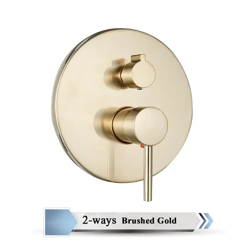 Brushed gold two-way brass bathroom mixer valve with sleek modern design and minimalist handles for shower control