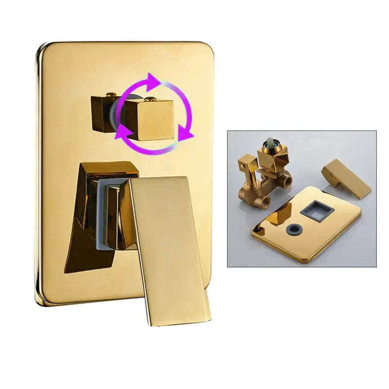 Gold-finished brass bathroom mixer valve with sleek rectangular design and integrated temperature control knob by decorbites