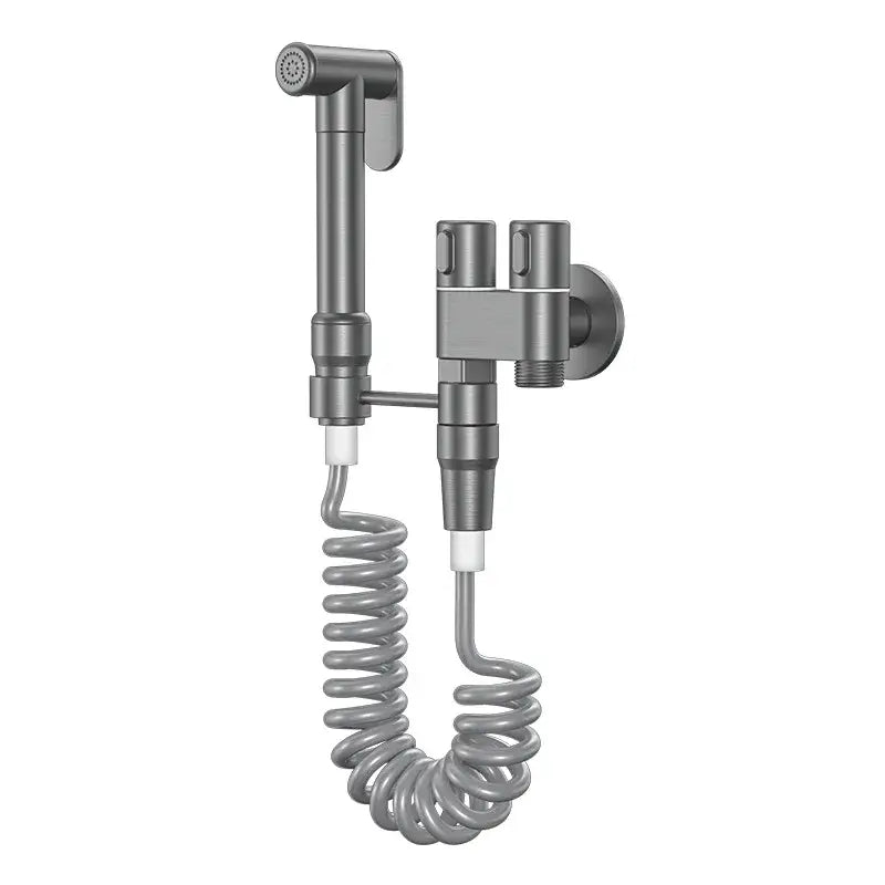 Modern chrome brass bidet set with gray metallic wall-mounted handheld sprayer coiled hose and dual control valves decorbites brass bidet