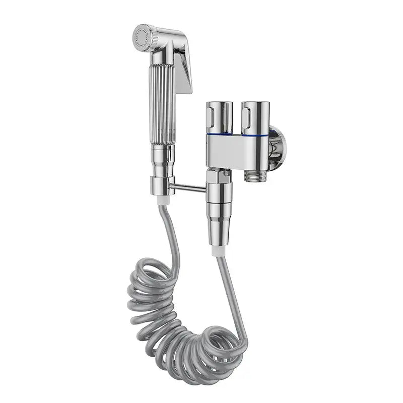 Modern chrome brass bidet set with high pressure handheld spray and coiled gray hose featuring dual-function valve
