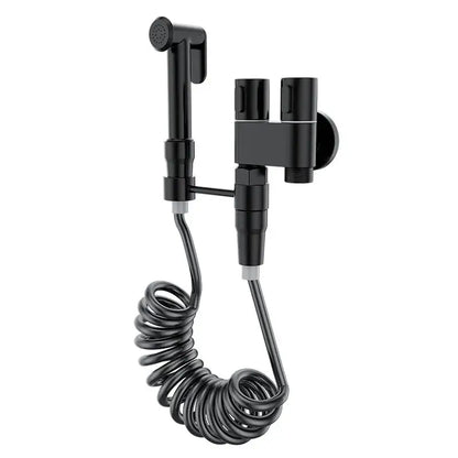 Black matte brass bidet set with wall-mounted dual-handle control and coiled hose from decorbites brass bidet collection