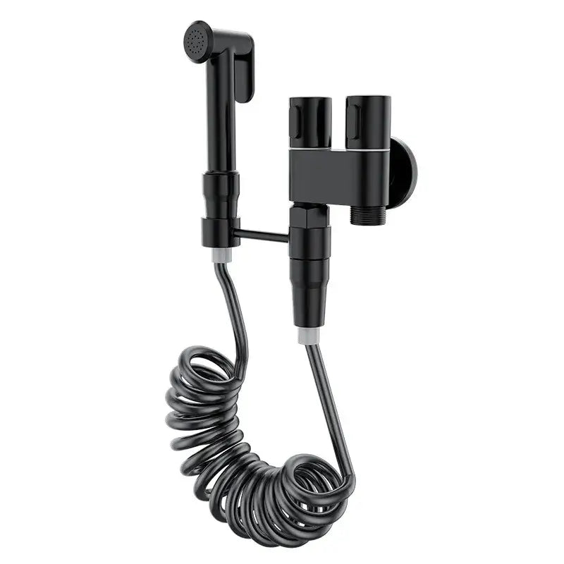Black matte brass bidet set with wall-mounted dual-handle control and coiled hose from decorbites brass bidet collection