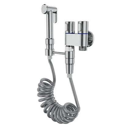 Modern chrome brass bidet set with wall-mounted handheld spray, coiled hose, and dual-control valve by decorbites brass bidet