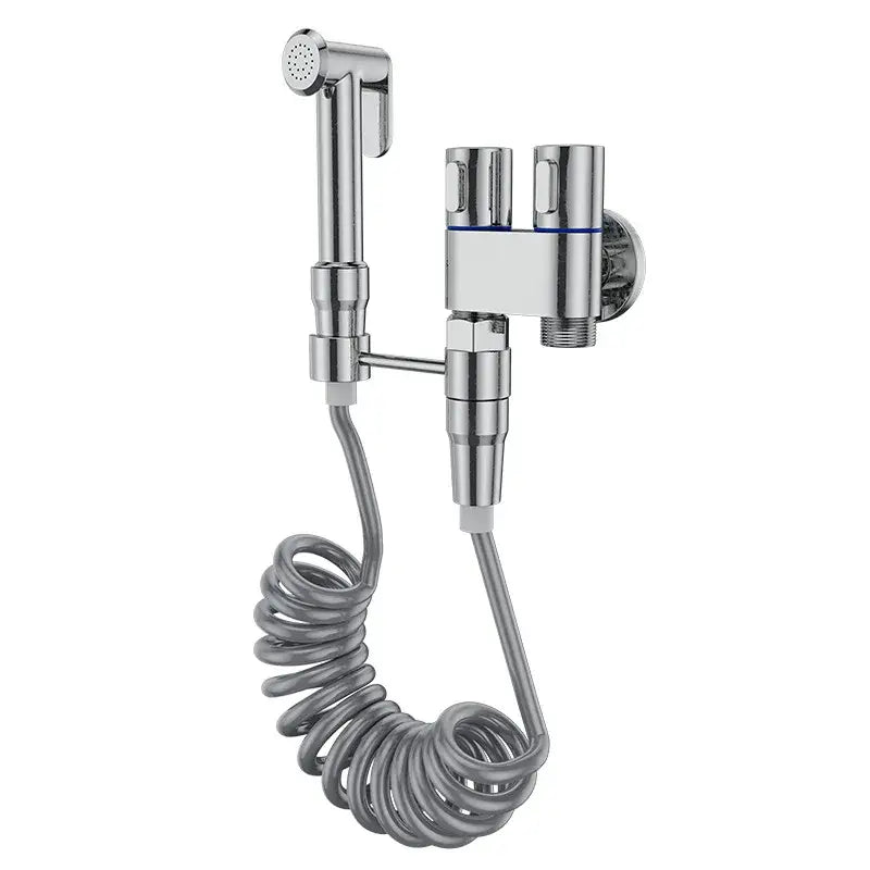 Modern chrome brass bidet set with wall-mounted handheld spray, coiled hose, and dual-control valve by decorbites brass bidet