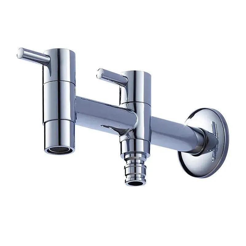 Modern chrome brass double handle wall-mounted garden faucet with integrated hose connector for outdoor and laundry use