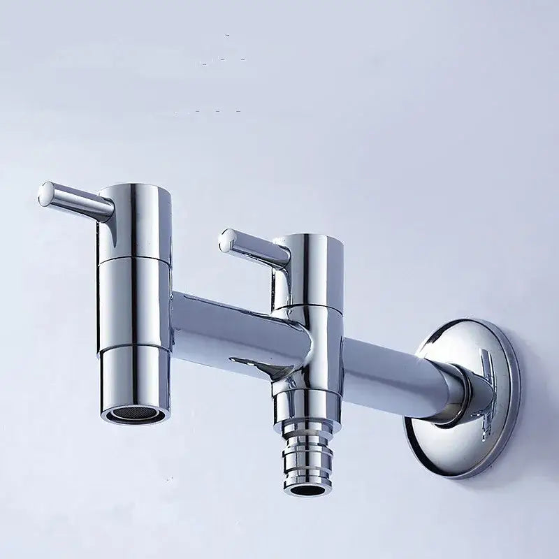Modern chrome brass double handle garden faucet with flexible hose and adjustable spout for outdoor and laundry use