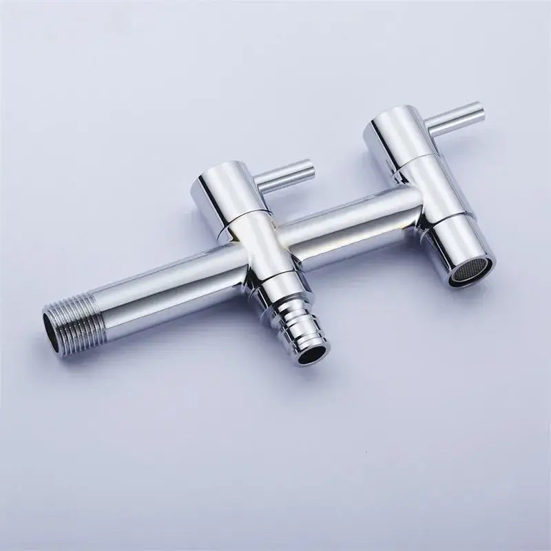 Modern chrome brass double handle garden faucet with shiny chrome finish and threaded connections for outdoor and laundry use