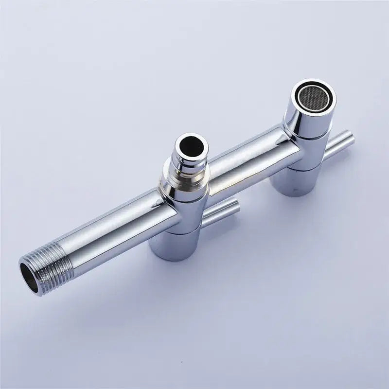 Modern chrome brass double handle garden faucet with chrome finish and mesh filter for outdoor and laundry use