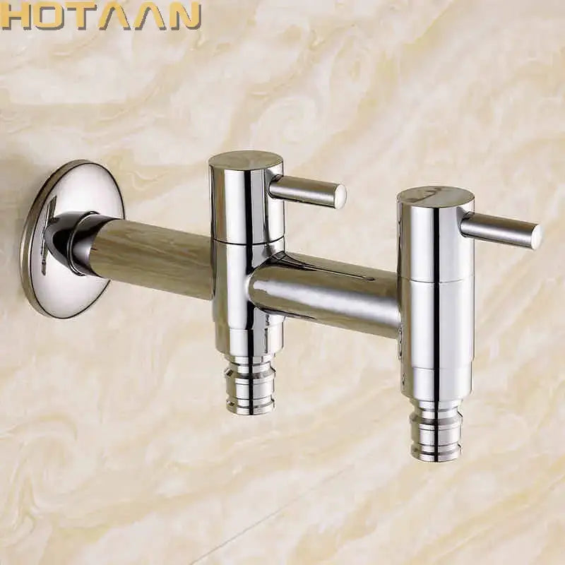 Modern chrome brass dual hole garden faucet with dual cylindrical handles for kitchen and toilet decorbites brass dual use