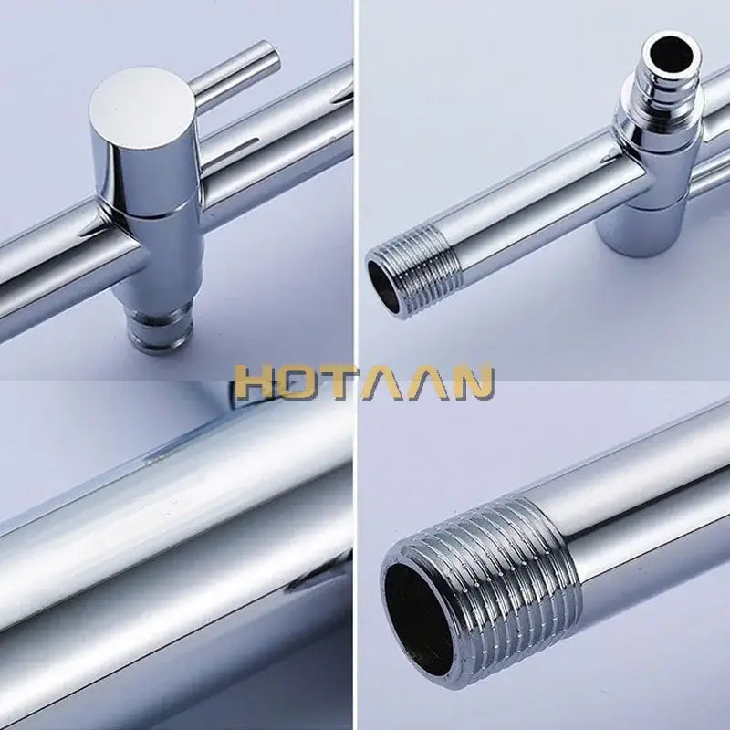 Modern chrome brass dual hole garden faucet with sleek stainless steel design and threaded connections for kitchen and toilet