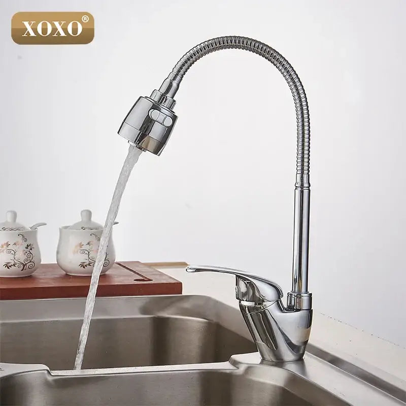 Modern chrome brass kitchen faucet by xoxo featuring a flexible ribbed gooseneck spout and pull-down spray head for decorbites brass kitchen use