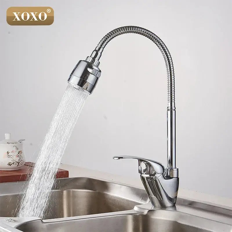 Modern chrome brass kitchen faucet by xoxo with flexible articulated gooseneck spout and pull-down spray head for decorbites brass kitchen use