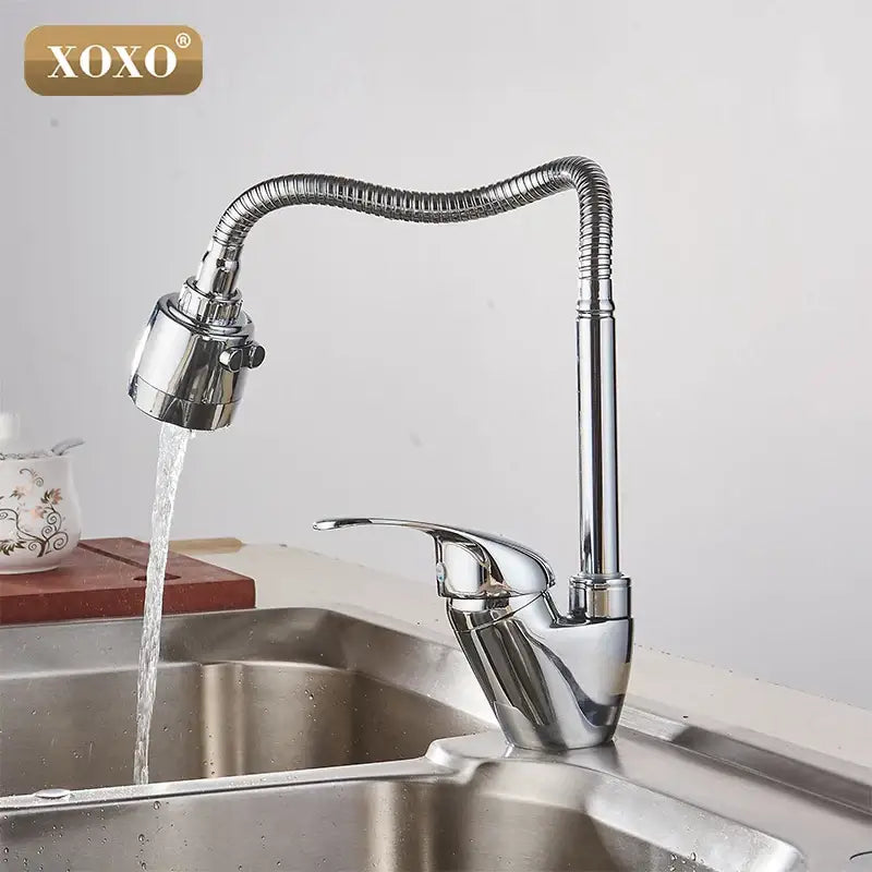 Modern chrome brass kitchen faucet by xoxo with flexible segmented gooseneck spout and multifunction pull down spray head