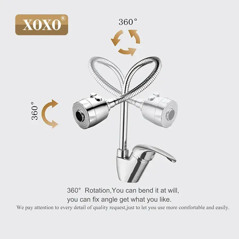 Modern chrome brass kitchen faucet by xoxo with 360-degree rotating flexible gooseneck hose and dual spray heads for decorbites brass kitchen