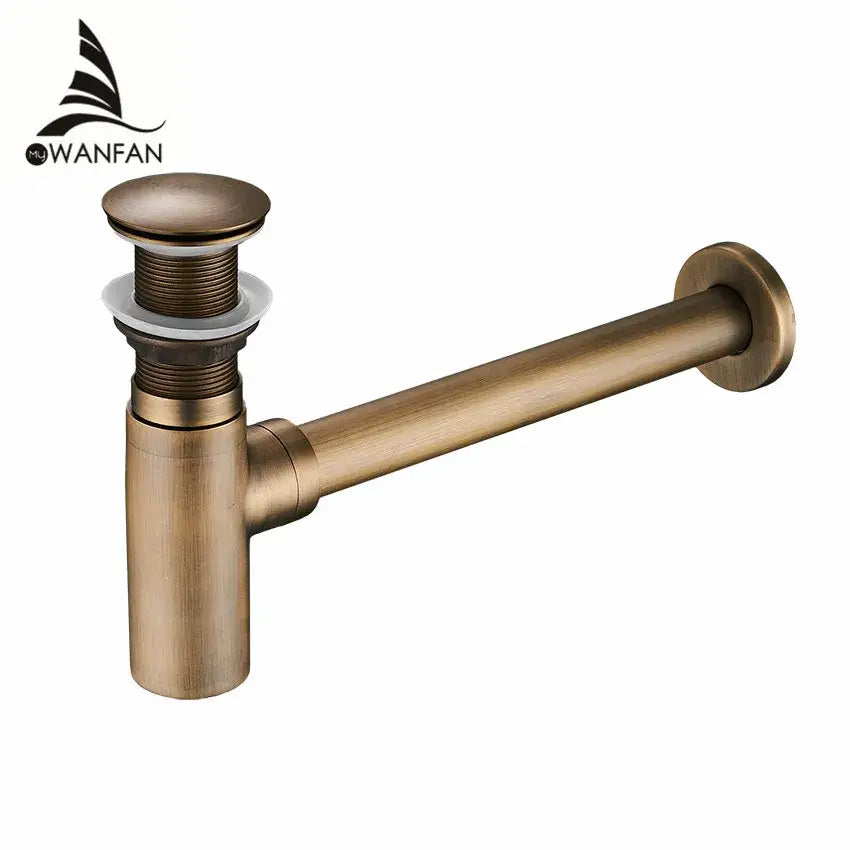 Modern chrome brass round bottle trap featuring an antique brass-colored metal drain pump with threaded top cap