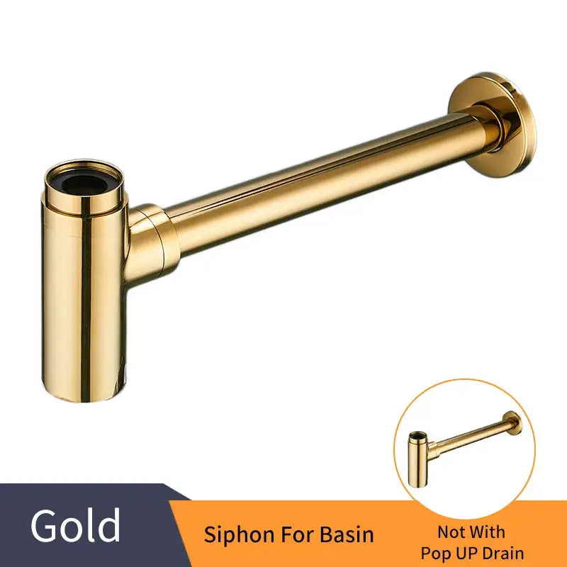 Gold-colored brass round bottle trap with sleek polished finish and straight design for modern bathroom sink drain pipe