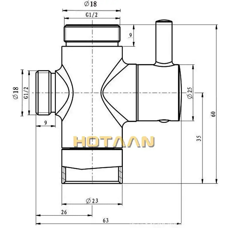 A technical drawing of a modern chrome brass shattaf sprayer diverter with threaded connections and dimensional markings