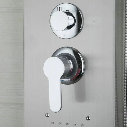 Modern chrome brass shower column with massage jets featuring a chrome shower control panel with white lever handle