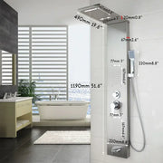 Modern chrome brass shower column with massage jets featuring rainfall shower tower and integrated hand-held spray
