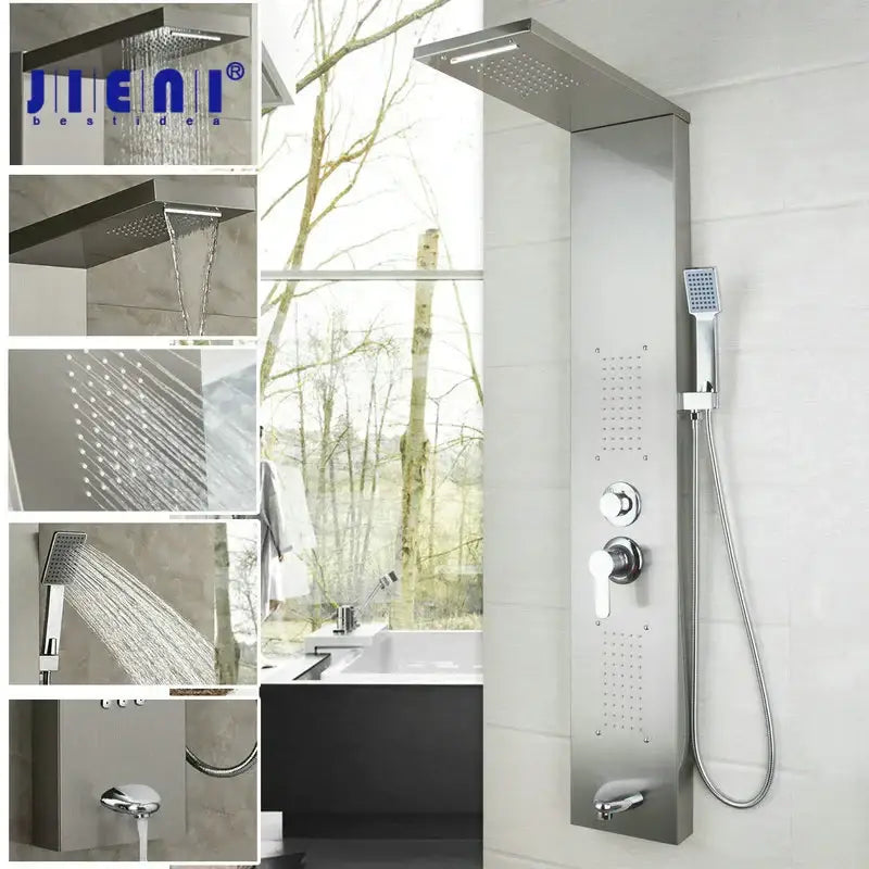 Modern chrome brass shower column with stainless steel rain shower system and multiple spray settings for bathroom decorbites brass shower