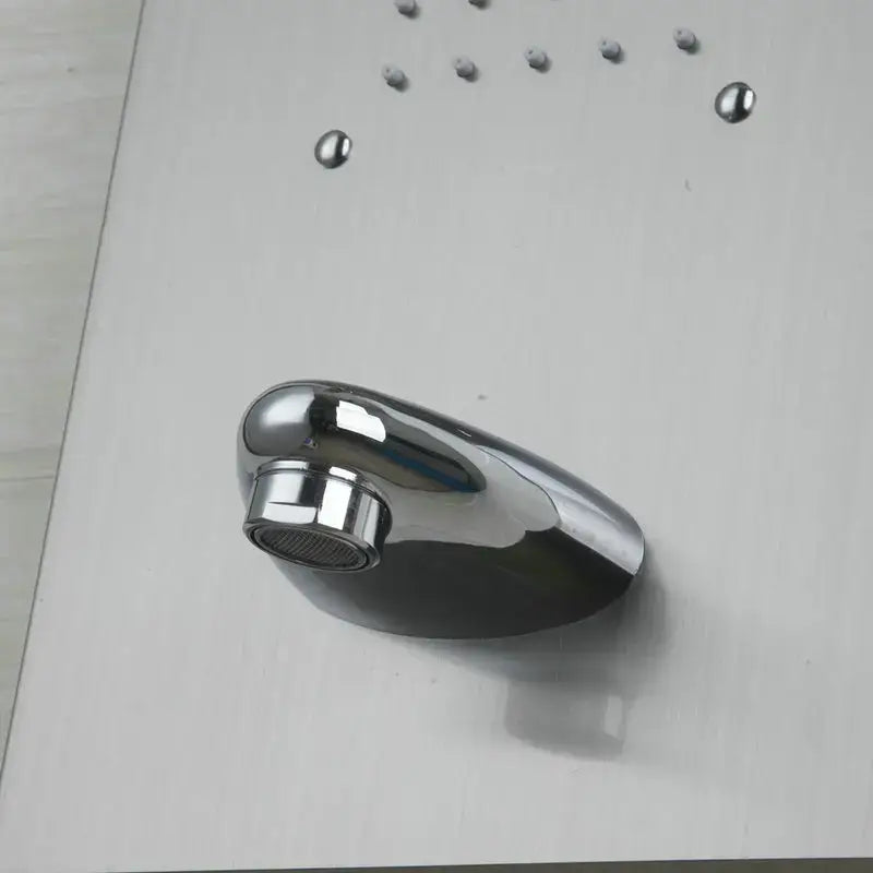 Modern chrome brass shower column with massage jets featuring a sleek curved chrome-finished showerhead with multiple nozzles