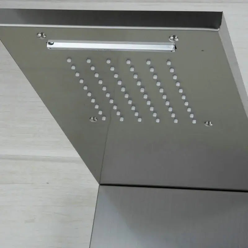 Modern chrome brass shower column featuring a stainless steel square showerhead with evenly spaced spray holes