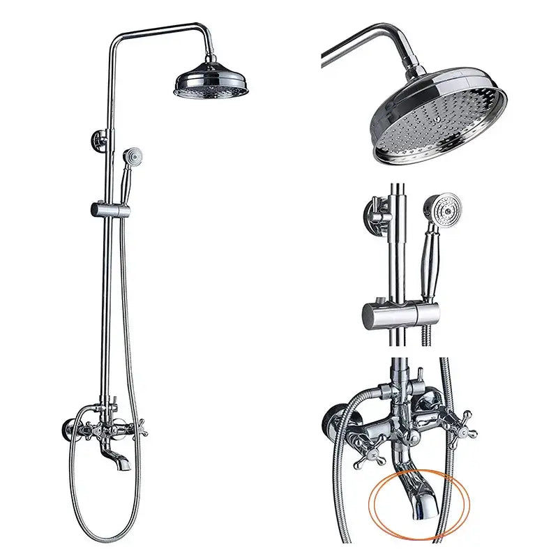 Modern chrome brass shower mixer with dual handle classic cross-handle design and rainfall head for bathroom use