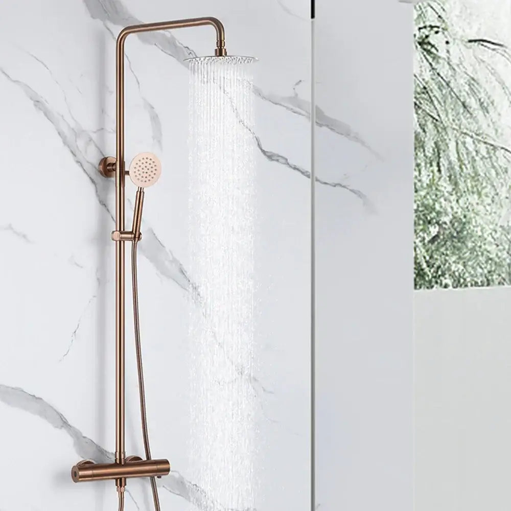 Modern chrome brass shower mixer with dual handle rainfall head and brass shower handheld attachment on vertical rail system