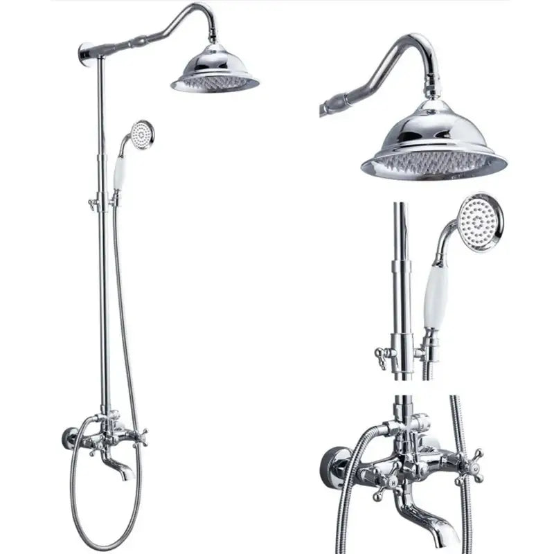 Modern chrome brass shower mixer with dual handle featuring vintage-style rainhead and white ceramic handles