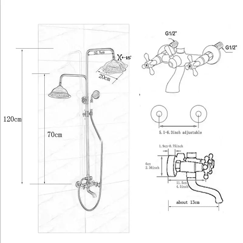 Modern chrome brass shower mixer with rainfall head featuring dual handle brass shower system for precise water control