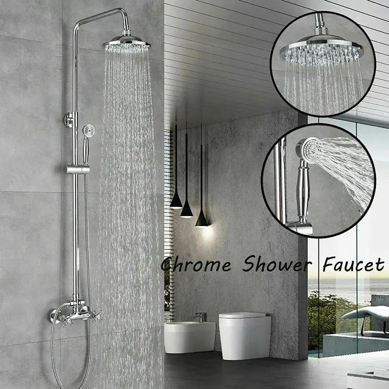 Modern chrome brass shower mixer with dual handle rainfall head and handheld spray nozzle for bathroom use