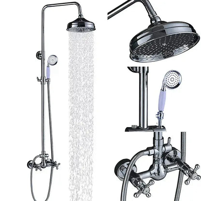 Modern chrome brass shower mixer with dual handle features tall rainhead and handheld showerhead with light purple handles