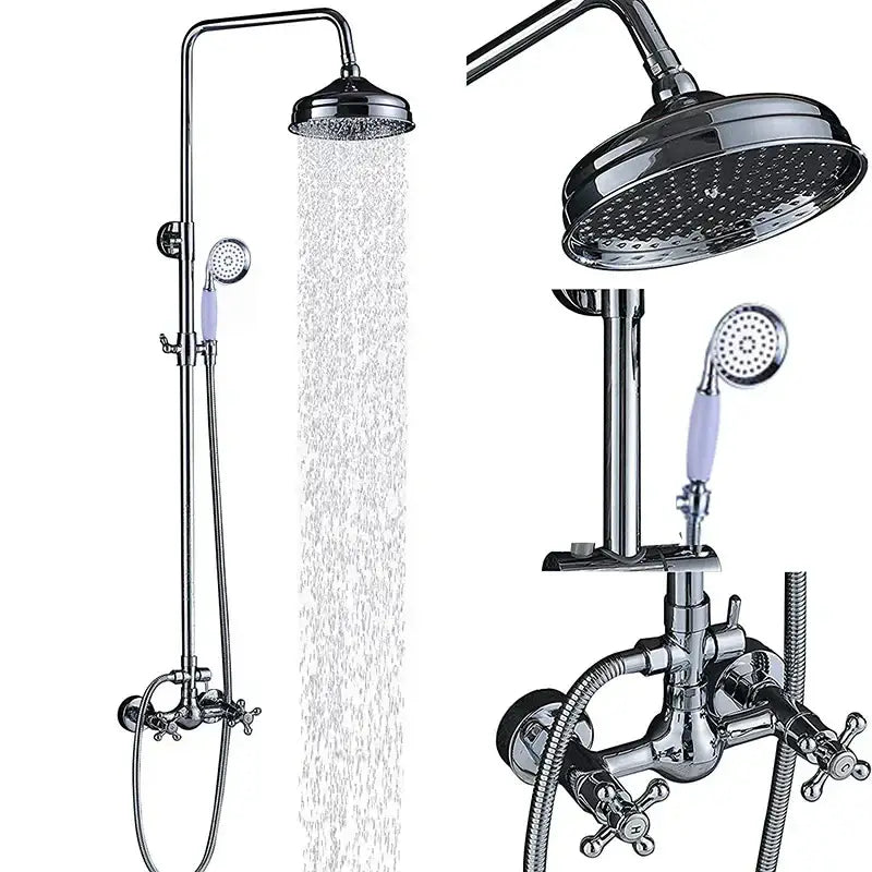 Modern chrome brass shower mixer with dual handle features tall rainhead and handheld showerhead with light purple handles
