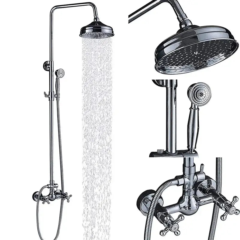 Modern chrome brass shower mixer with dual handle cross faucets tall overhead rainhead and handheld spray nozzle