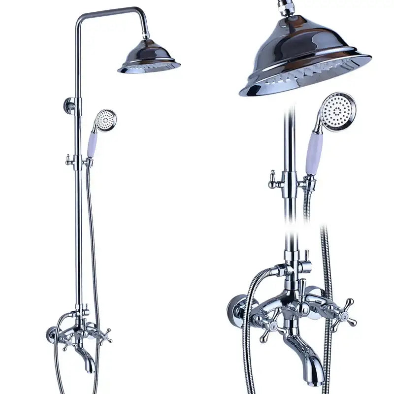 Modern chrome brass shower mixer with dual handle faucet, tall rainfall head, and handheld spray with lavender grip