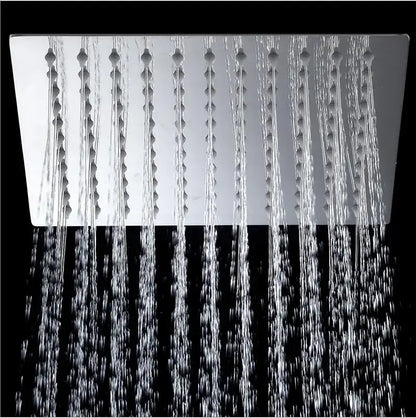 Modern chrome brass square rain shower head with sleek brushed metallic finish and multiple vertical water jets