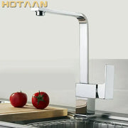Modern chrome brass square swivel kitchen faucet mixer with high arc spout and sleek angular design by decorbites