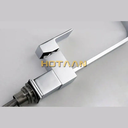 Modern chrome brass square swivel kitchen faucet mixer with a high arc spout and sleek angular design for decorbites brass square