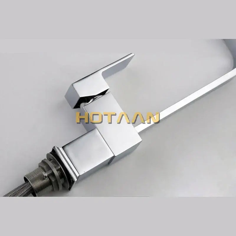 Modern chrome brass square swivel kitchen faucet mixer with a high arc spout and sleek angular design for decorbites brass square